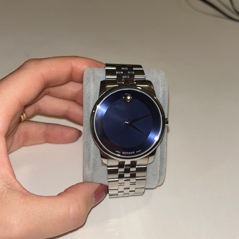 SOLD Movado Core Museum Classic Stainless Steel Silver Navy Blue Dial Watch